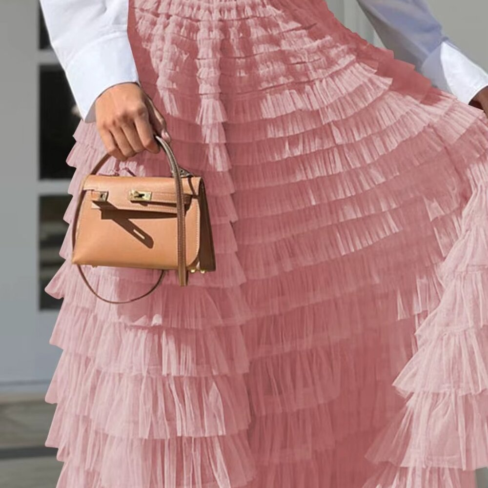 Blush Pink Layered Tulle Maxi Skirt | Romantic Tiered A-Line